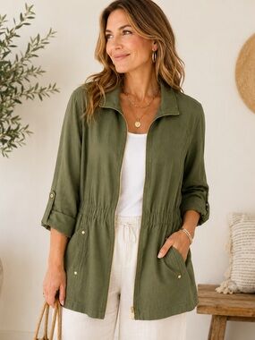 Ellen Tracy Linen Blend Utility Jacket Olive Green Gold Hardware Coastal Luxe